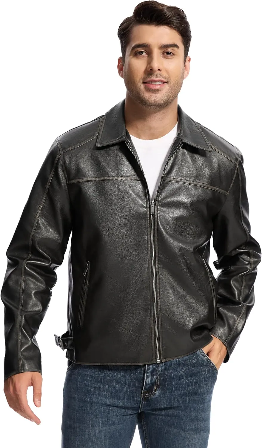 Fahsyee Leather Jacket Men Faux Lightweight Bomber Jackets Mens Motorcycle Vintage Lapel Coats with Zipper and Pockets