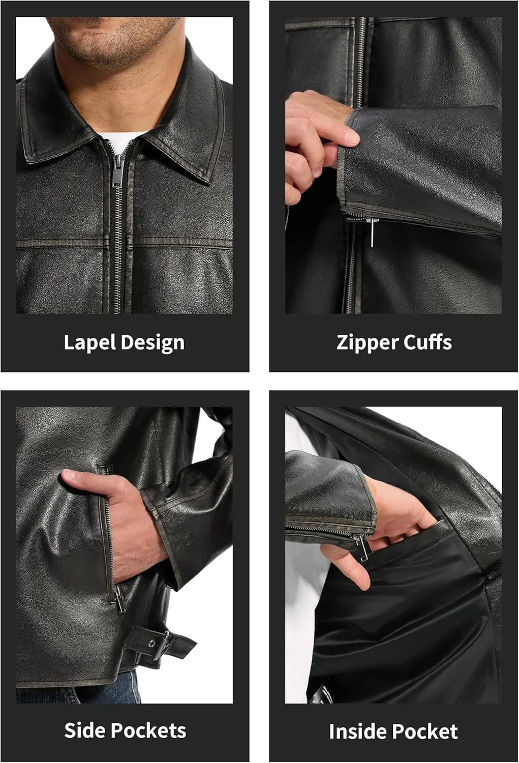 Fahsyee Leather Jacket Men Faux Lightweight Bomber Jackets Mens Motorcycle Vintage Lapel Coats with Zipper and Pockets