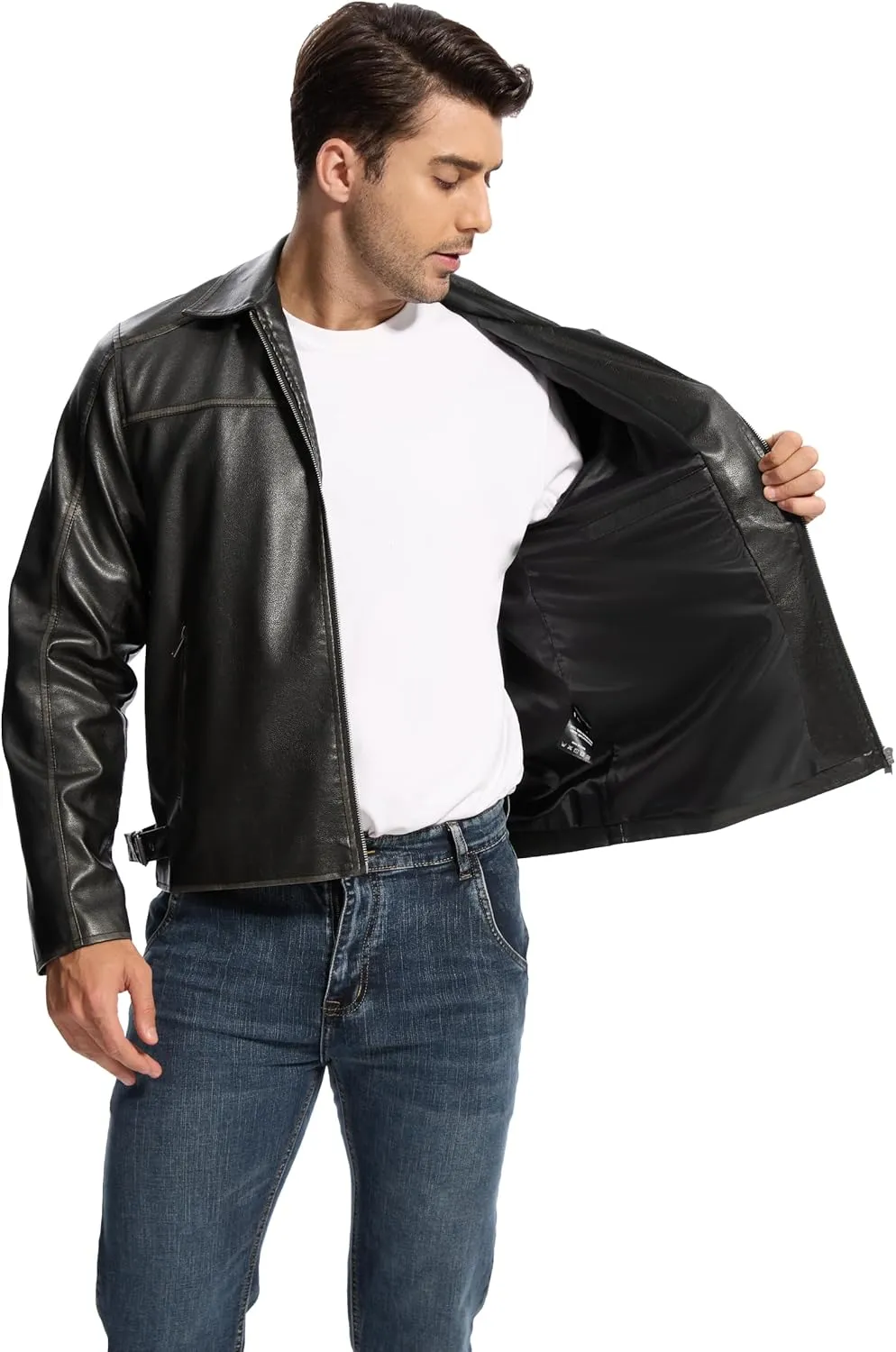 Fahsyee Leather Jacket Men Faux Lightweight Bomber Jackets Mens Motorcycle Vintage Lapel Coats with Zipper and Pockets