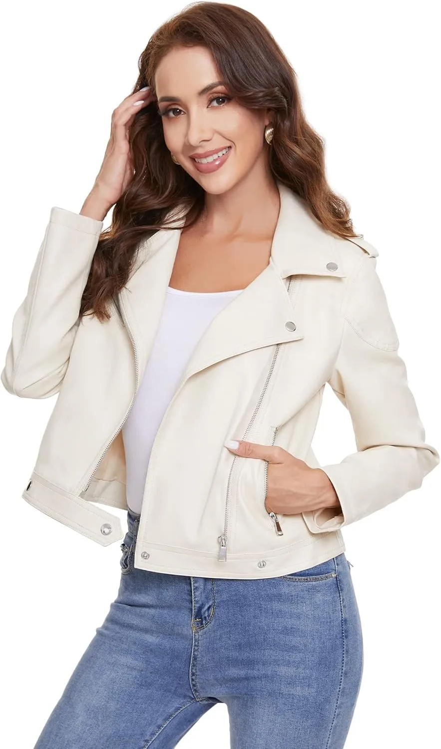 Fahsyee Women's Faux Leather Jackets, Zip Up Motorcycle Short PU Moto Biker Outwear Fitted Slim Coat