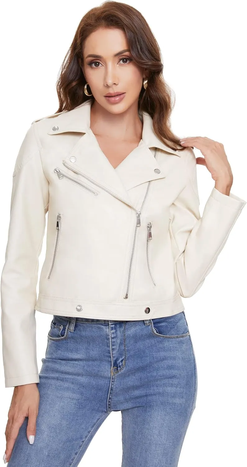 Fahsyee Women's Faux Leather Jackets, Zip Up Motorcycle Short PU Moto Biker Outwear Fitted Slim Coat