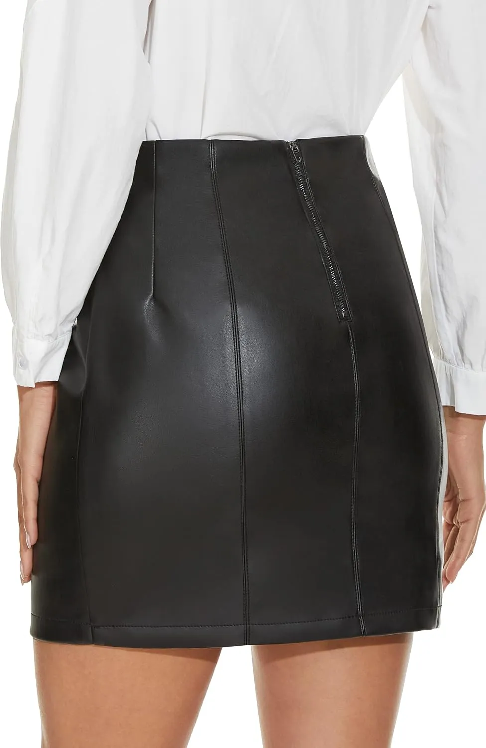 Fahsyee Women's Faux Leather Skirt, Hip High Waisted Stretchy Zipper Mini A-Line Pencil Short Plus Size S-XXL