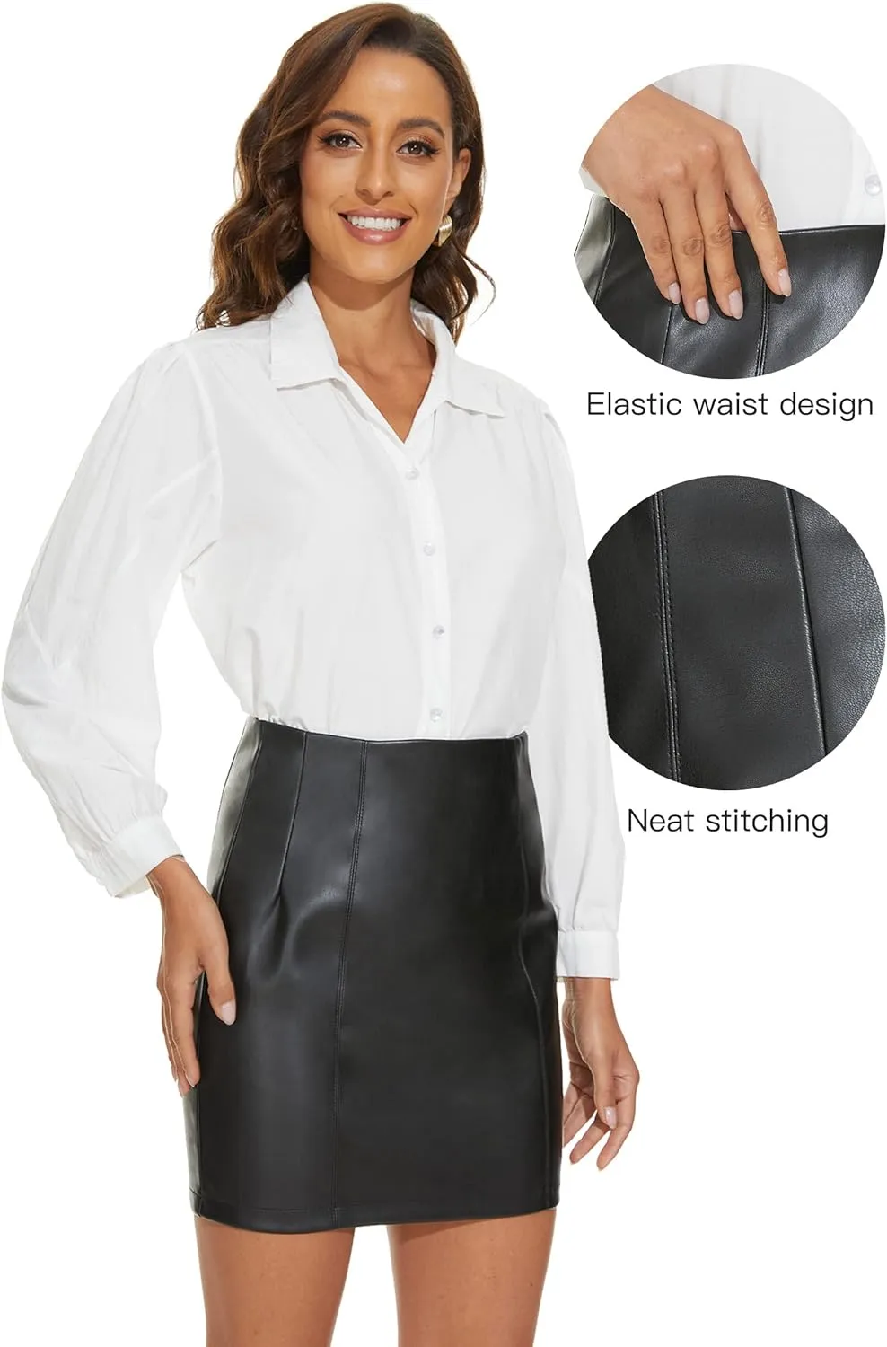 Fahsyee Women's Faux Leather Skirt, Hip High Waisted Stretchy Zipper Mini A-Line Pencil Short Plus Size S-XXL