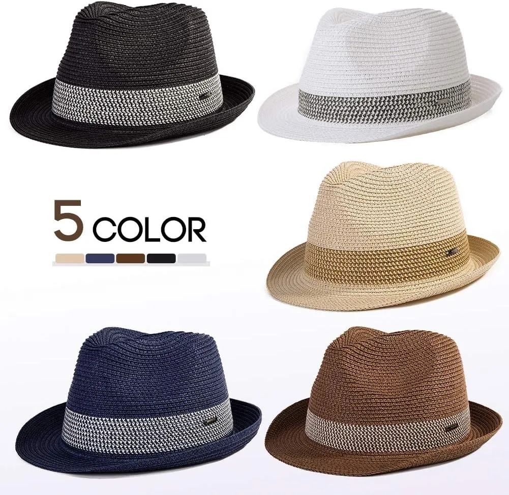 Fancet Packable Straw Fedora Panama Sun Summer Beach Hat Cuban Trilby Men Women 56-67cm