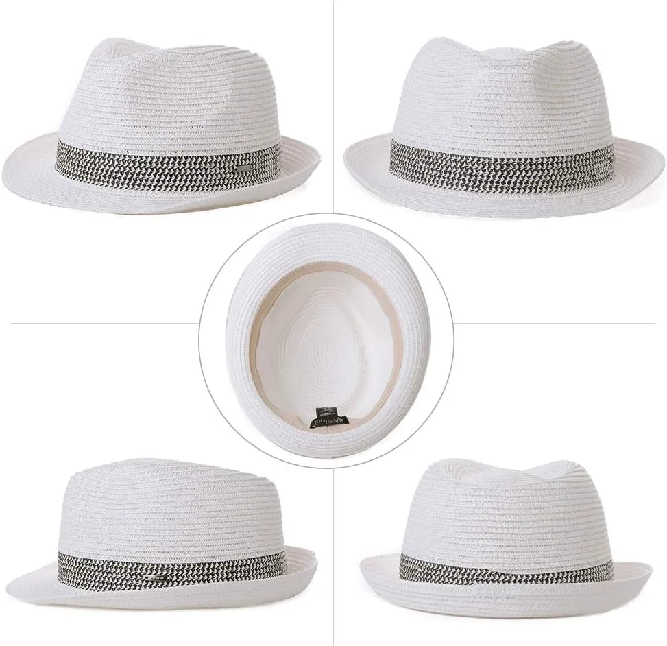 Fancet Packable Straw Fedora Panama Sun Summer Beach Hat Cuban Trilby Men Women 56-67cm