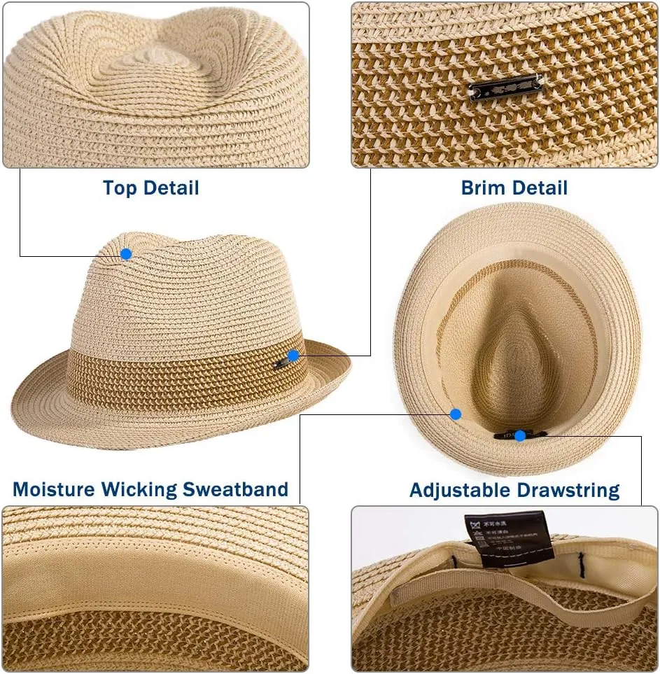 Fancet Packable Straw Fedora Panama Sun Summer Beach Hat Cuban Trilby Men Women 56-67cm