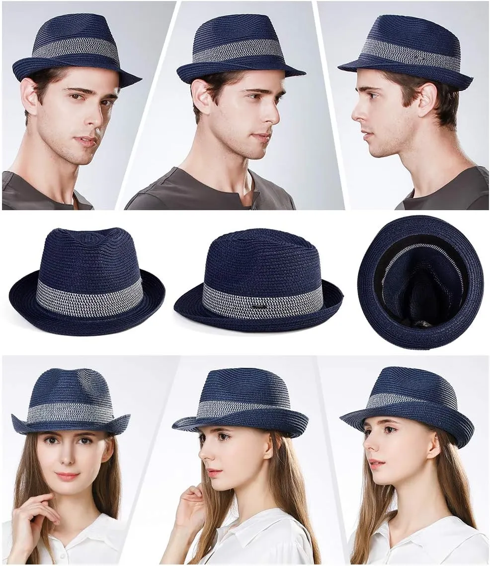 Fancet Packable Straw Fedora Panama Sun Summer Beach Hat Cuban Trilby Men Women 56-67cm