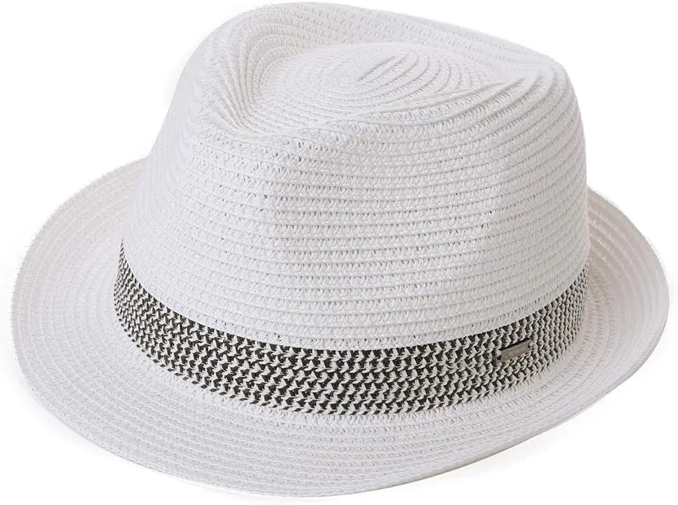 Fancet Packable Straw Fedora Panama Sun Summer Beach Hat Cuban Trilby Men Women 56-67cm