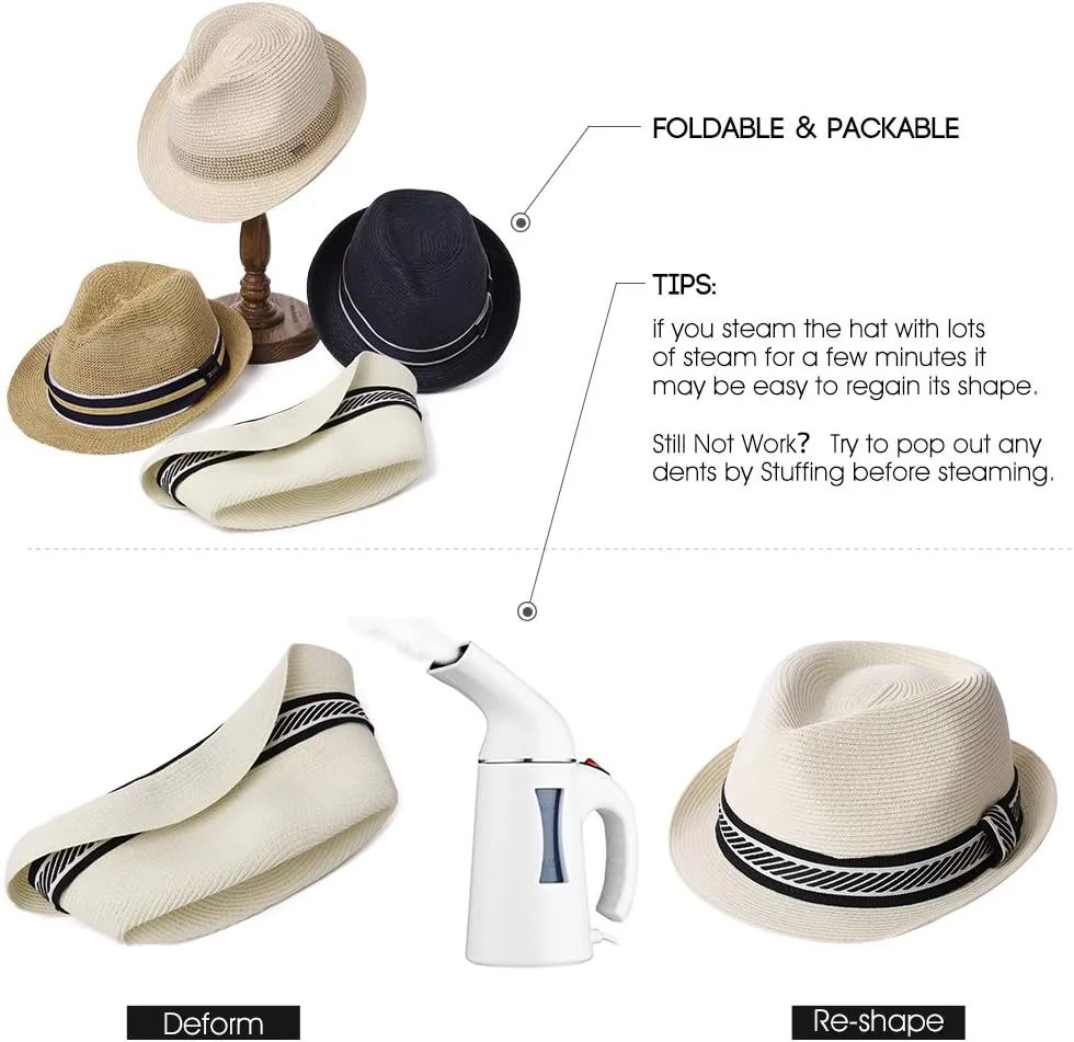 Fancet Packable Straw Fedora Panama Sun Summer Beach Hat Cuban Trilby Men Women 56-67cm