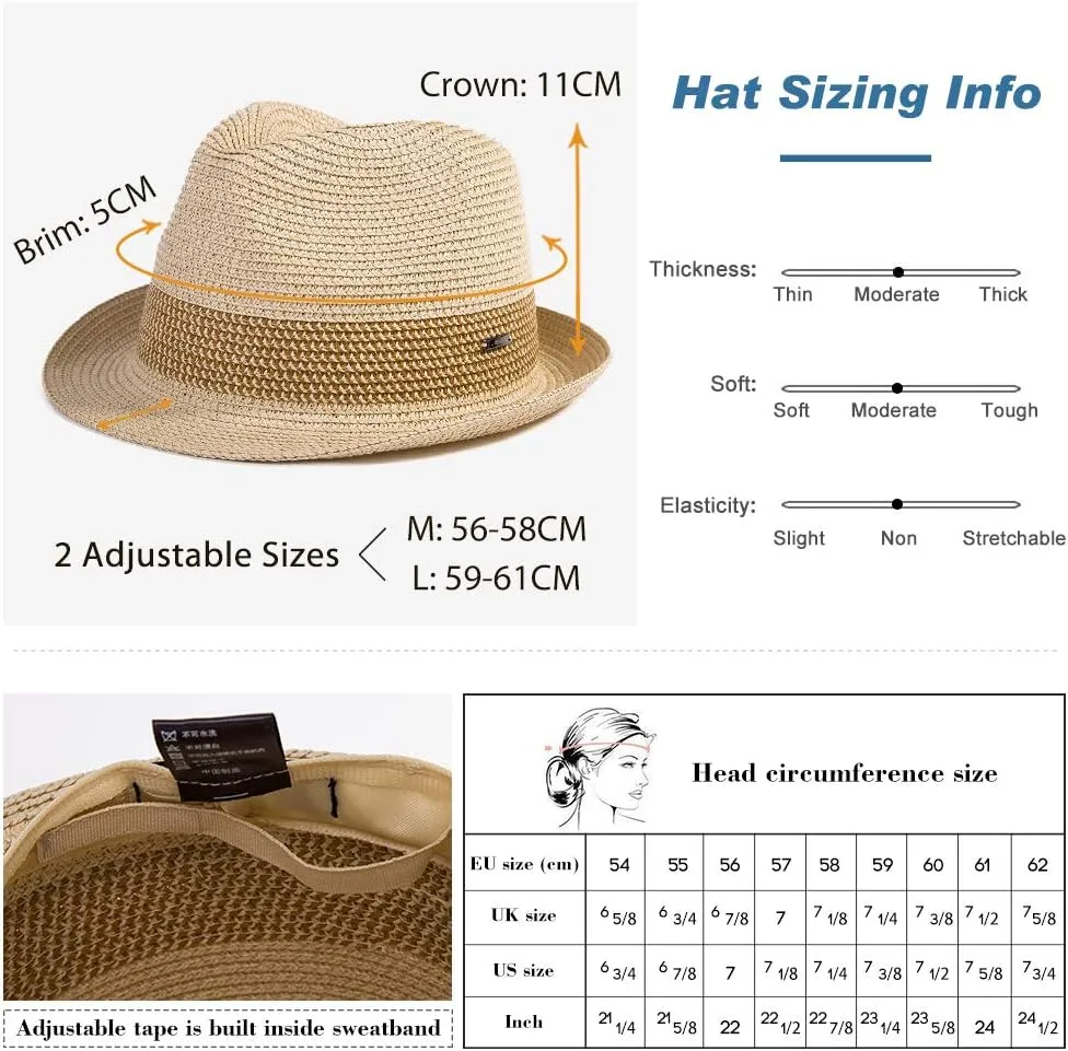 Fancet Packable Straw Fedora Panama Sun Summer Beach Hat Cuban Trilby Men Women 56-67cm