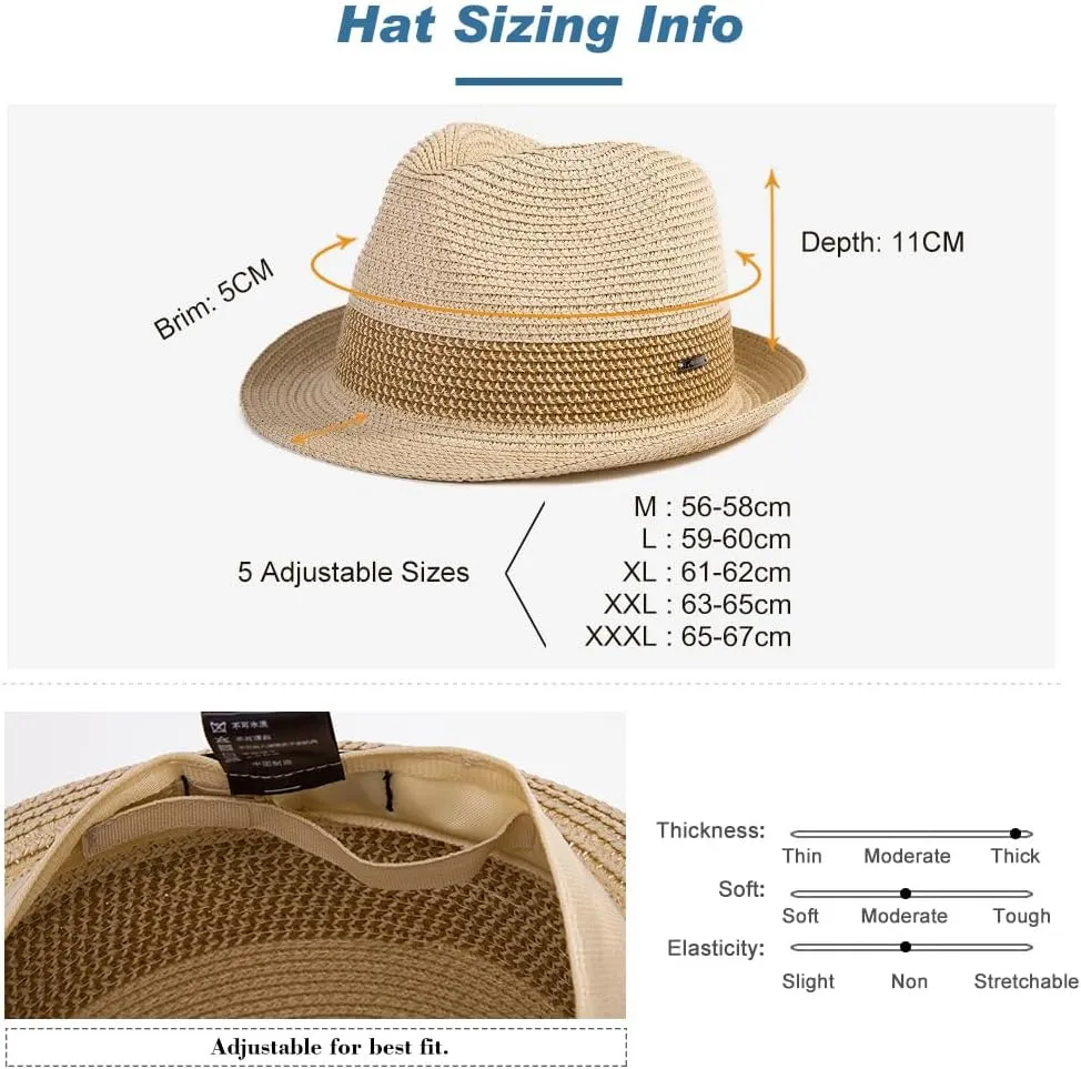 Fancet Packable Straw Fedora Panama Sun Summer Beach Hat Cuban Trilby Men Women 56-67cm