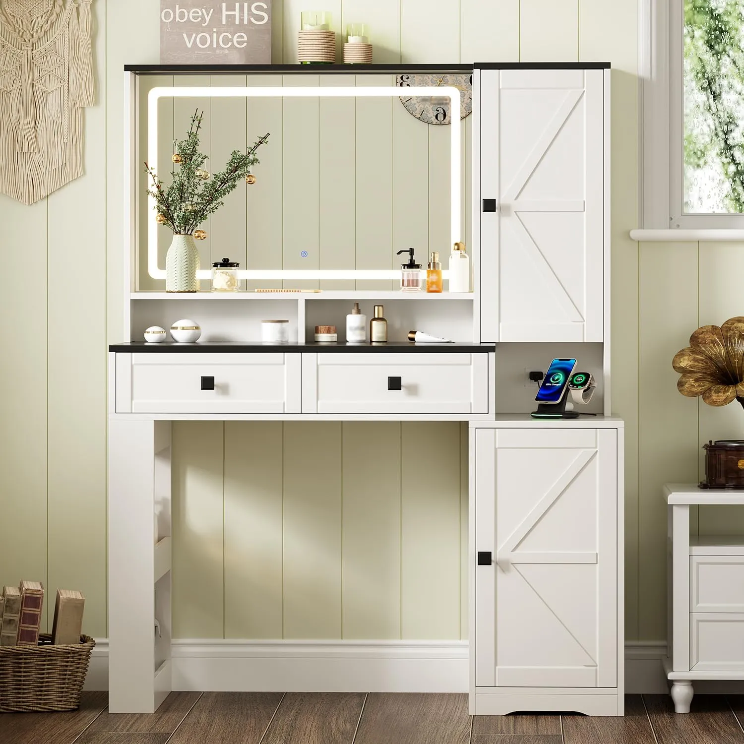 Farmhouse Makeup Vanity Desk with Mirror and Lights,Glass Top Vanity Desk with Power Outlet,Makeup Vanity with 2 Drawers & Storage Shelves,Rustic Vanity,Antique White