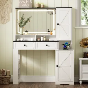 Farmhouse Makeup Vanity Desk with Mirror and Lights,Glass Top Vanity Desk with Power Outlet,Makeup Vanity with 2 Drawers & Storage Shelves,Rustic Vanity,Antique White