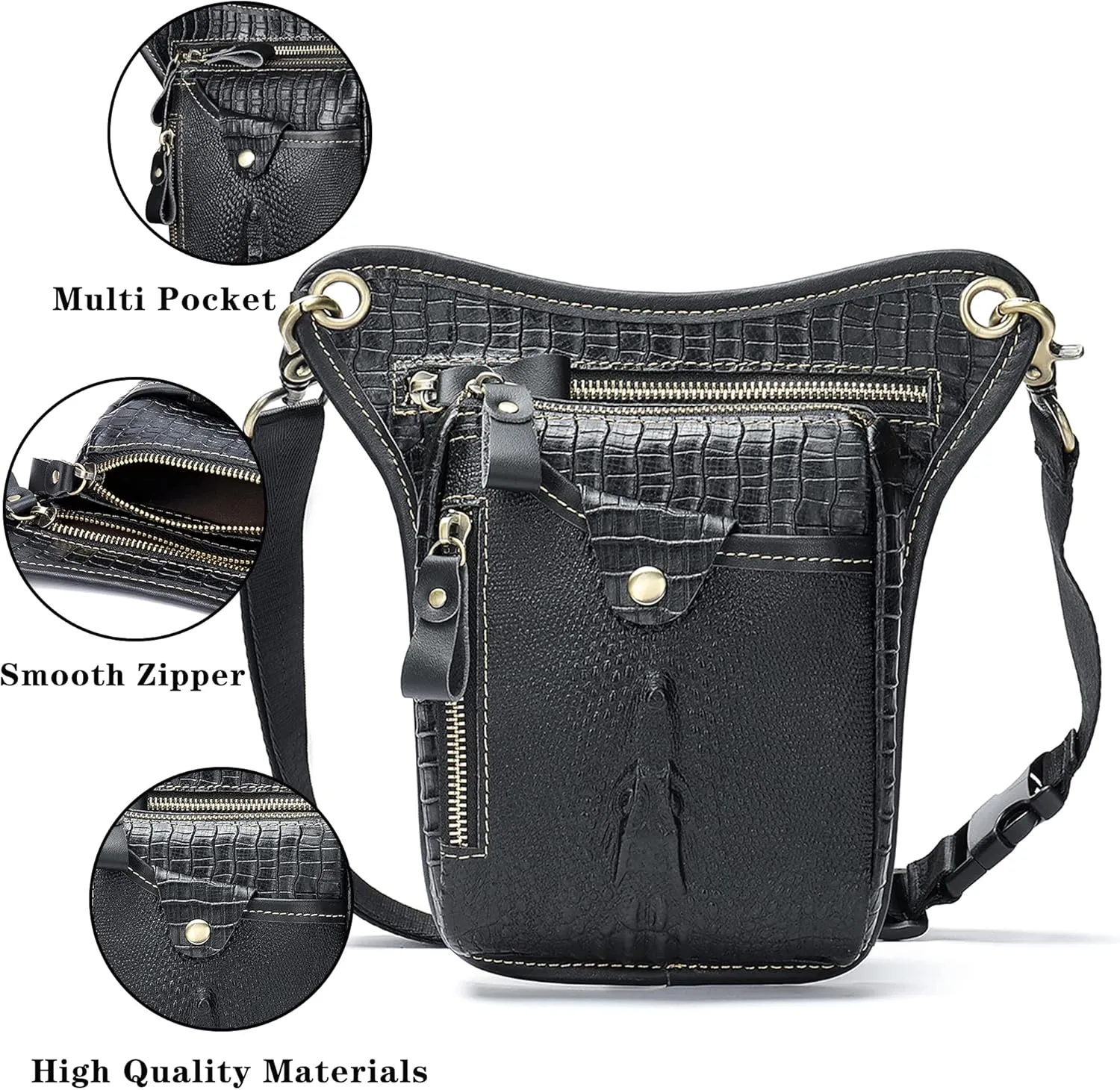 Fashion Genuine Leather Waist Pack Drop Leg Bag for Men Women Belt Bumbag Multi-Purpose Motorcycle Bike Outdoor Sports Tactical Cycling Riding Hiking Thigh Bag (7-Black)