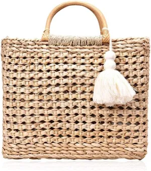 Fashion Women Summer Straw Crossbody Bag with Cute Tassels Pendant, Hand-Woven Beach Shoulder Bag with Top Wooden Handle Tote Bag (Khaki)