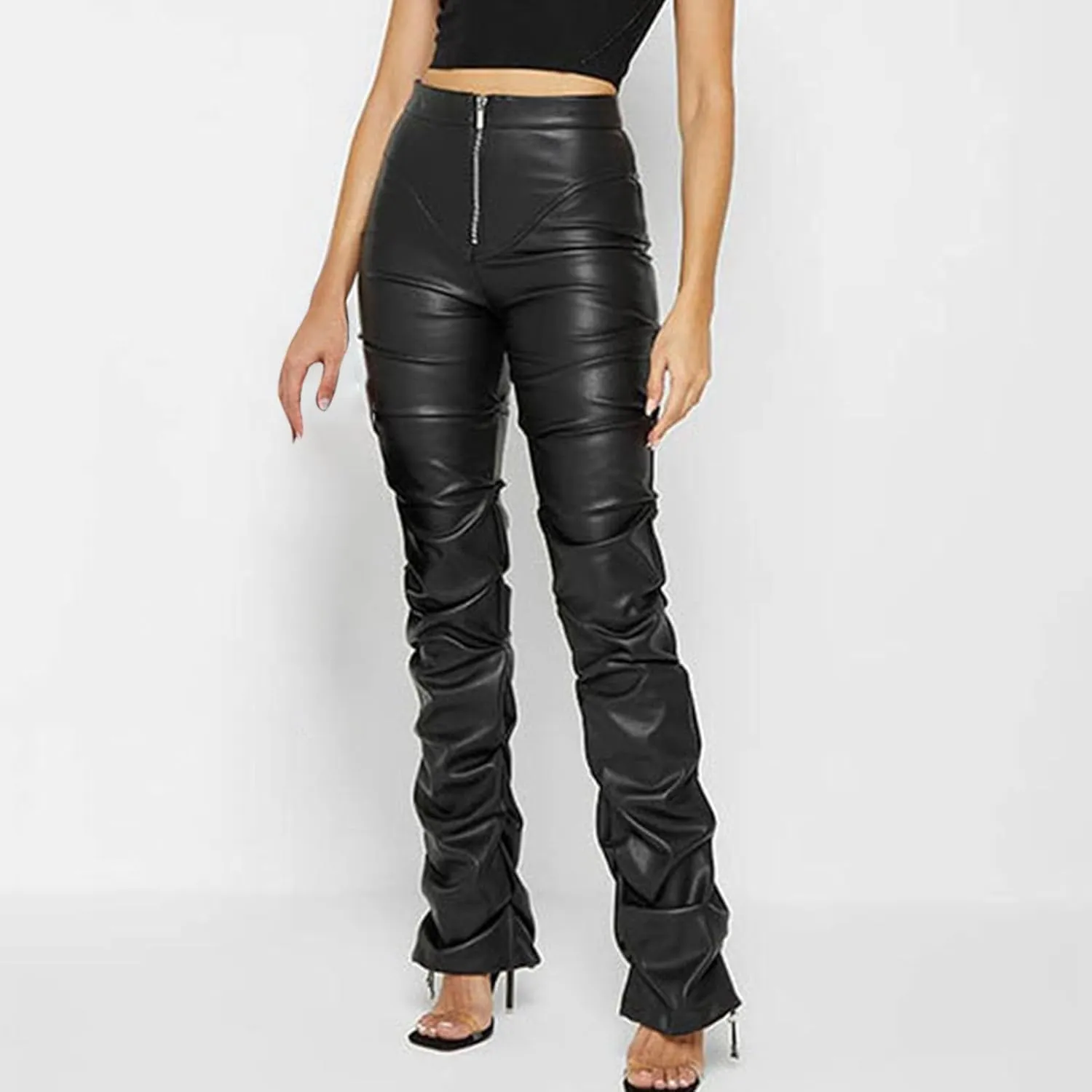 Faux Leather Flare Leg Pants Trousers High Waisted Ruched Zipper Leather Trousers PU Leather Stacked Skinny Pants