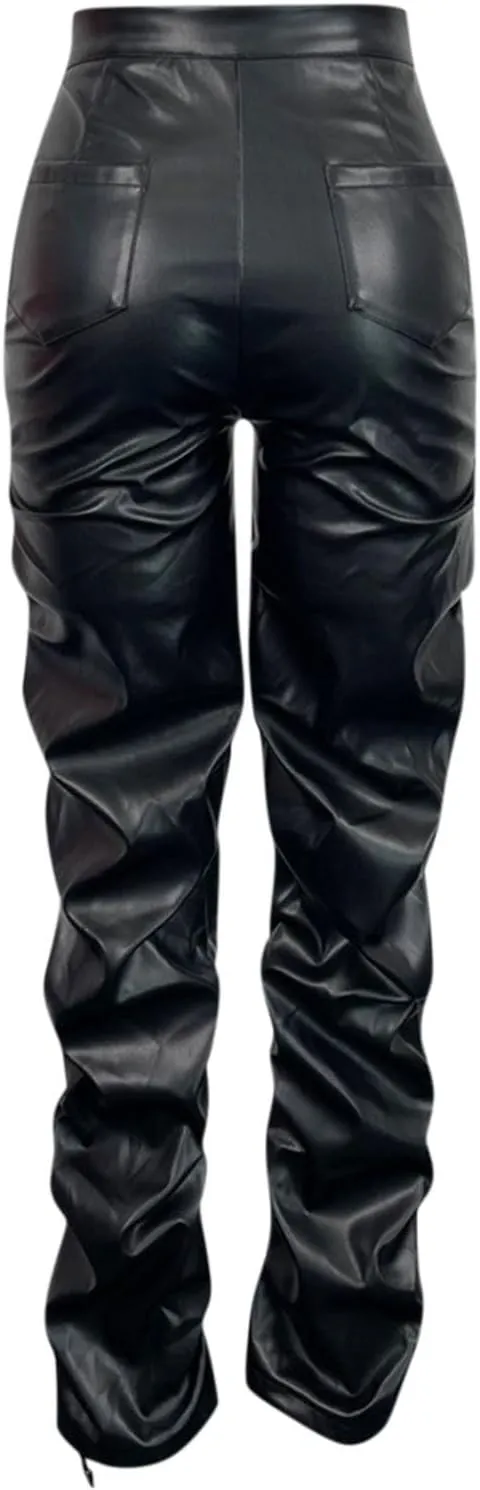 Faux Leather Flare Leg Pants Trousers High Waisted Ruched Zipper Leather Trousers PU Leather Stacked Skinny Pants