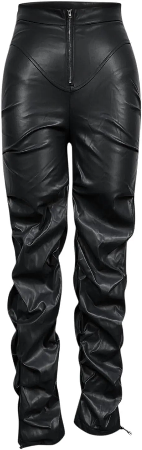 Faux Leather Flare Leg Pants Trousers High Waisted Ruched Zipper Leather Trousers PU Leather Stacked Skinny Pants