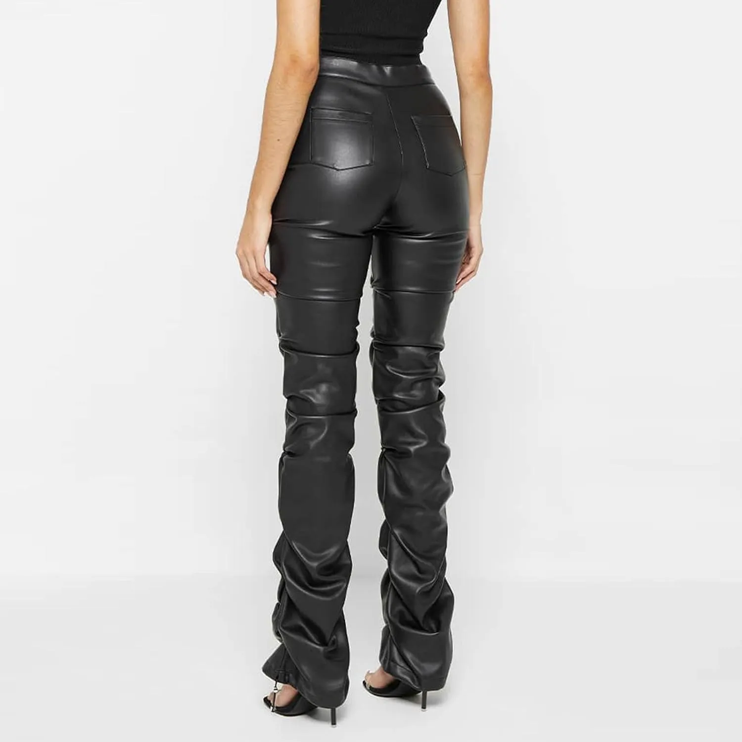 Faux Leather Flare Leg Pants Trousers High Waisted Ruched Zipper Leather Trousers PU Leather Stacked Skinny Pants