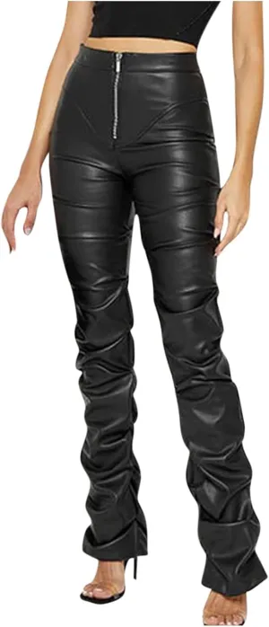 Faux Leather Flare Leg Pants Trousers High Waisted Ruched Zipper Leather Trousers PU Leather Stacked Skinny Pants