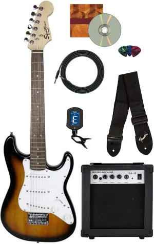 Fender Squier 3/4-Size Kids Mini Strat Electric Guitar - Brown Sunburst Bundle with Amplifier, Cable, Tuner, Strap, Picks, Online Lessons, and Austin Bazaar Instructional DVD