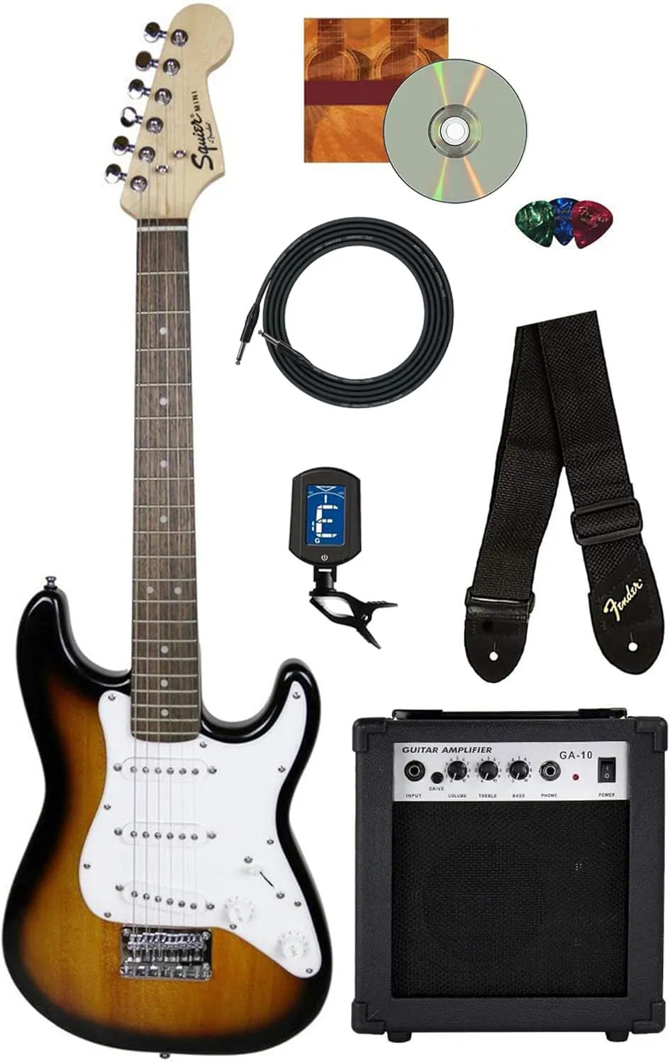 Fender Squier 3/4-Size Kids Mini Strat Electric Guitar - Brown Sunburst Bundle with Amplifier, Cable, Tuner, Strap, Picks, Online Lessons, and Austin Bazaar Instructional DVD