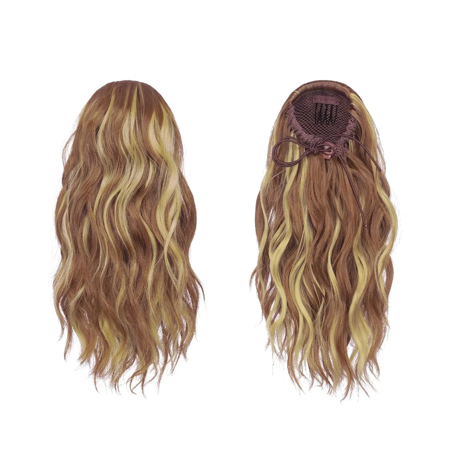FESHFEN Ponytail Extensions, Drawstring Ponytails Hair Extension Brown & Blonde Short Curly Wavy Hair Piece Synthetic Pony Tail Hairpieces for Women, 12 inch