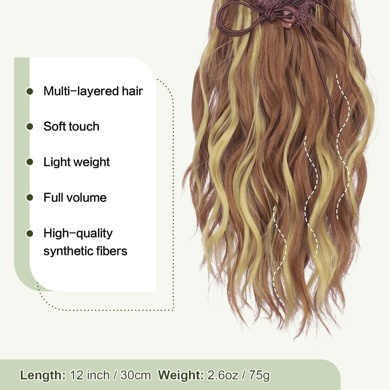 FESHFEN Ponytail Extensions, Drawstring Ponytails Hair Extension Brown & Blonde Short Curly Wavy Hair Piece Synthetic Pony Tail Hairpieces for Women, 12 inch