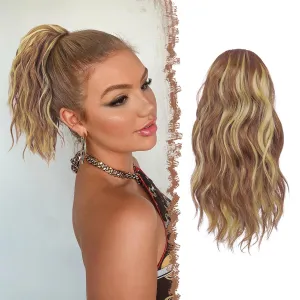 FESHFEN Ponytail Extensions, Drawstring Ponytails Hair Extension Brown & Blonde Short Curly Wavy Hair Piece Synthetic Pony Tail Hairpieces for Women, 12 inch