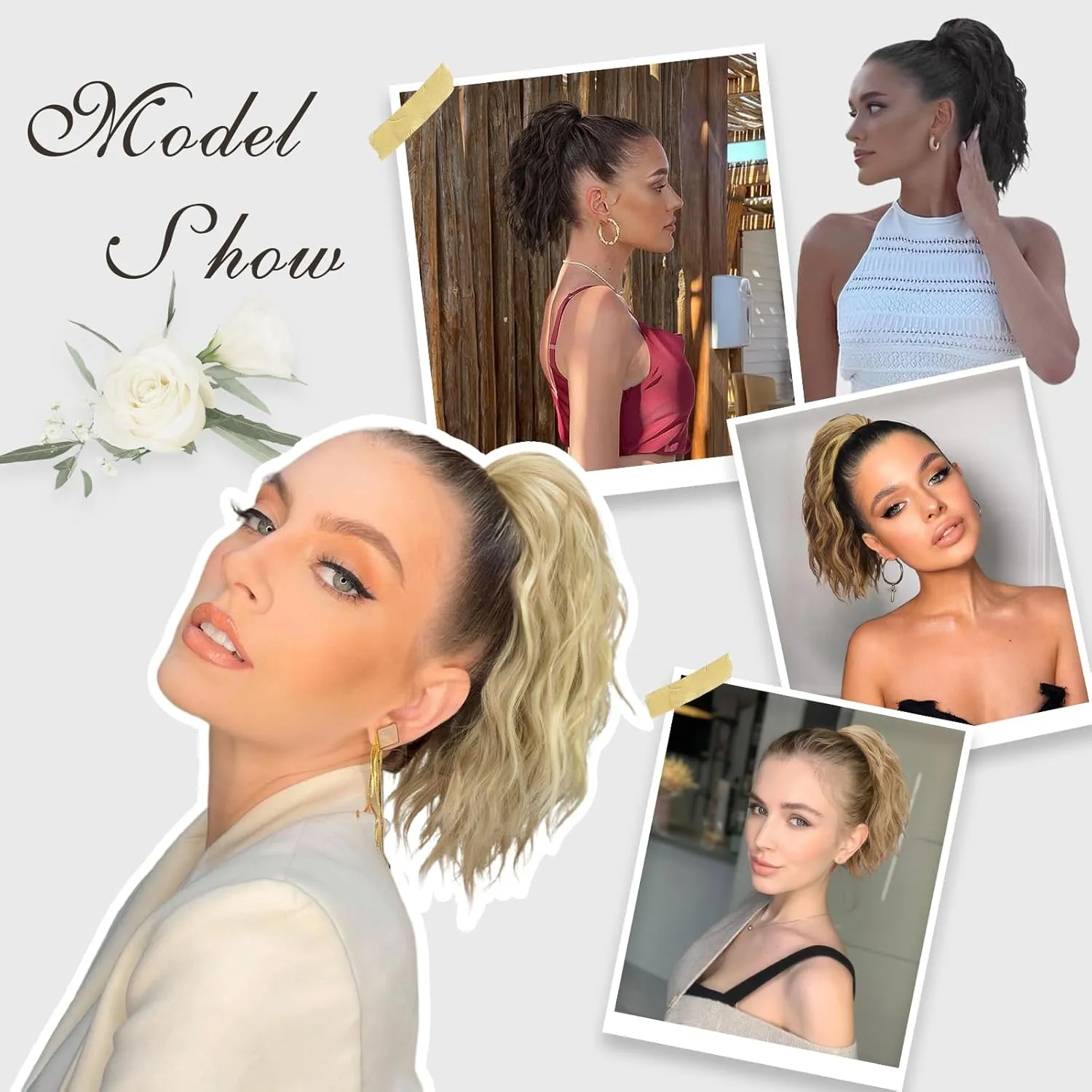 FESHFEN Ponytail Extensions, Drawstring Ponytails Hair Extension Brown & Blonde Short Curly Wavy Hair Piece Synthetic Pony Tail Hairpieces for Women, 12 inch