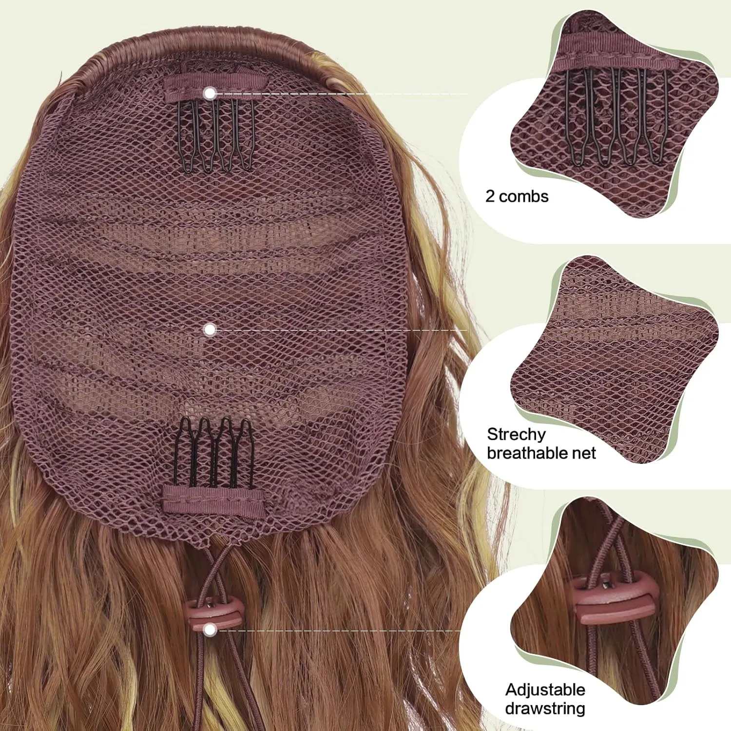 FESHFEN Ponytail Extensions, Drawstring Ponytails Hair Extension Brown & Blonde Short Curly Wavy Hair Piece Synthetic Pony Tail Hairpieces for Women, 12 inch