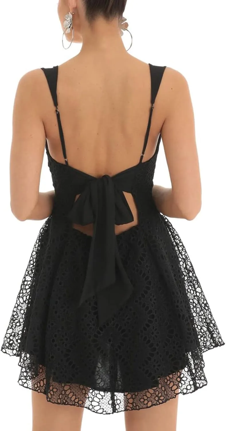 FIOMVA Women Y2k Mini Dress Spaghetti Strap Backless Dress Sexy Low Cut Slip Short Dress Going Out Party Clubwear