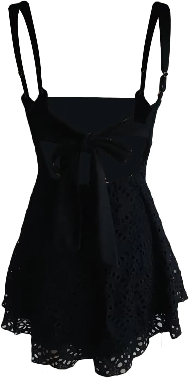 FIOMVA Women Y2k Mini Dress Spaghetti Strap Backless Dress Sexy Low Cut Slip Short Dress Going Out Party Clubwear