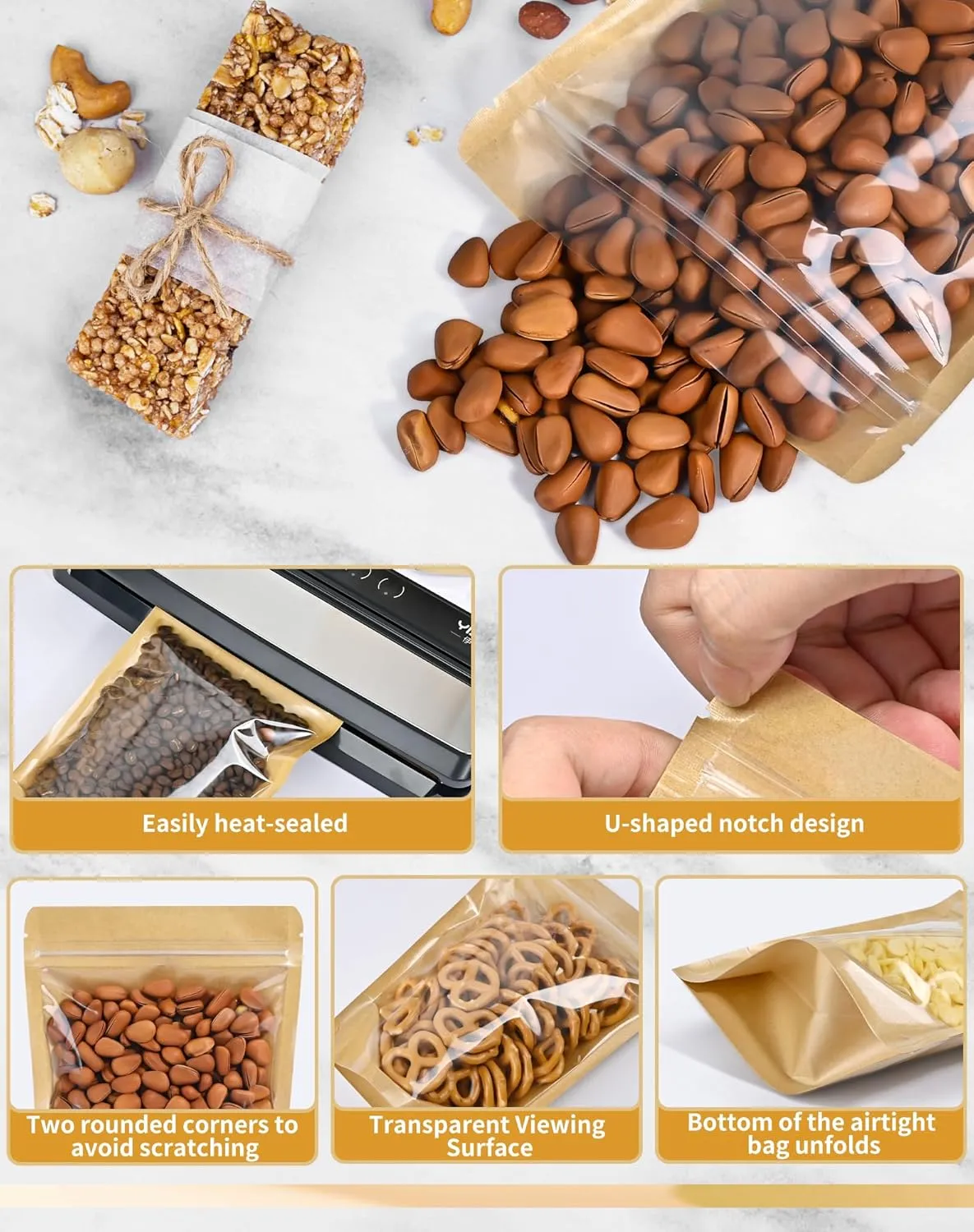 FireKylin 100 PCS Stand Up Pouches,6.3" x 9.4" Kraft Bags With Window Clear Front Pouches Resealable Zip Lock Food Storage Brown