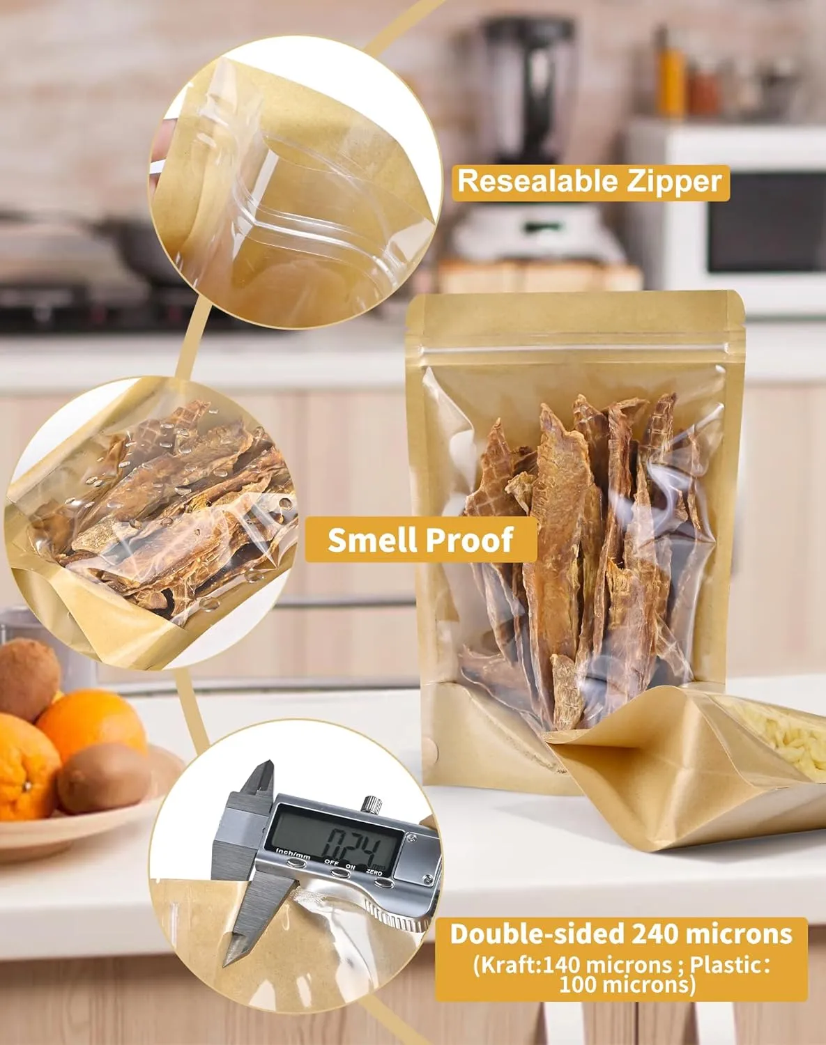 FireKylin 100 PCS Stand Up Pouches,6.3" x 9.4" Kraft Bags With Window Clear Front Pouches Resealable Zip Lock Food Storage Brown