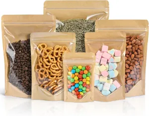 FireKylin 100 PCS Stand Up Pouches,6.3" x 9.4" Kraft Bags With Window Clear Front Pouches Resealable Zip Lock Food Storage Brown