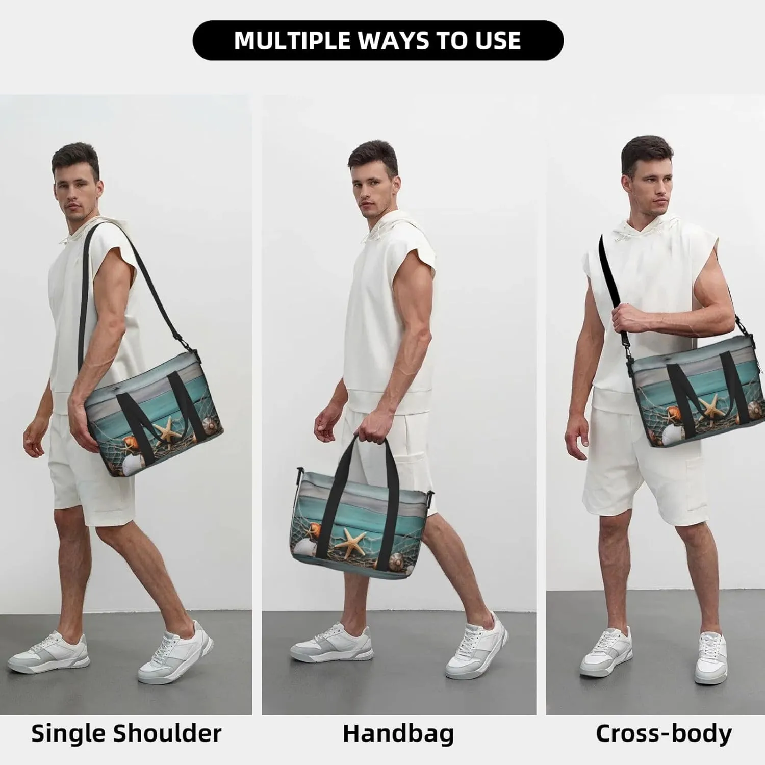 Fishing Net Starfish Travel Duffel Bags for Women Men, Sports Training Gym Bag Dance Bag with Adjustable Shoulder Strap Summer Seashells Weekender Overnight Bag