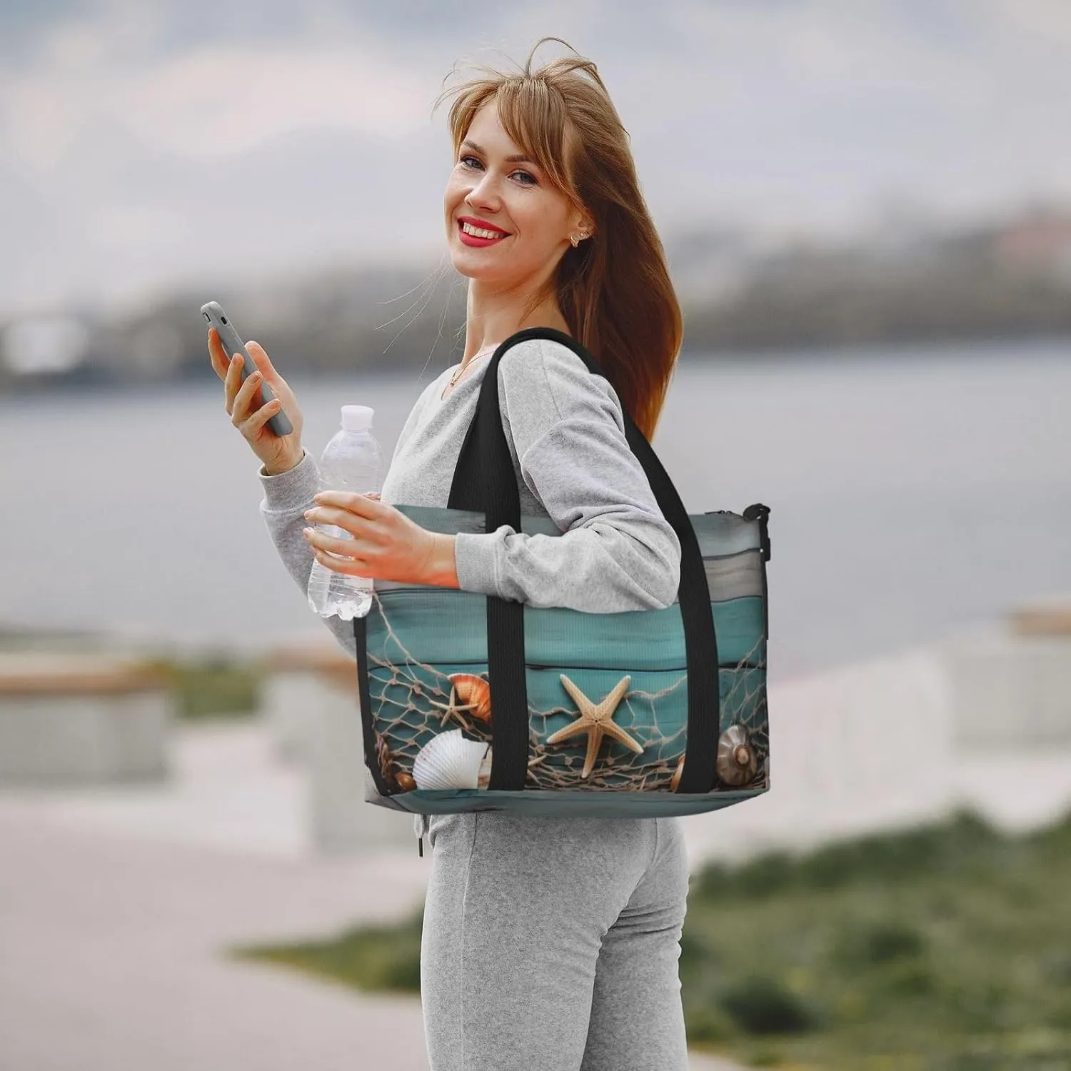 Fishing Net Starfish Travel Duffel Bags for Women Men, Sports Training Gym Bag Dance Bag with Adjustable Shoulder Strap Summer Seashells Weekender Overnight Bag