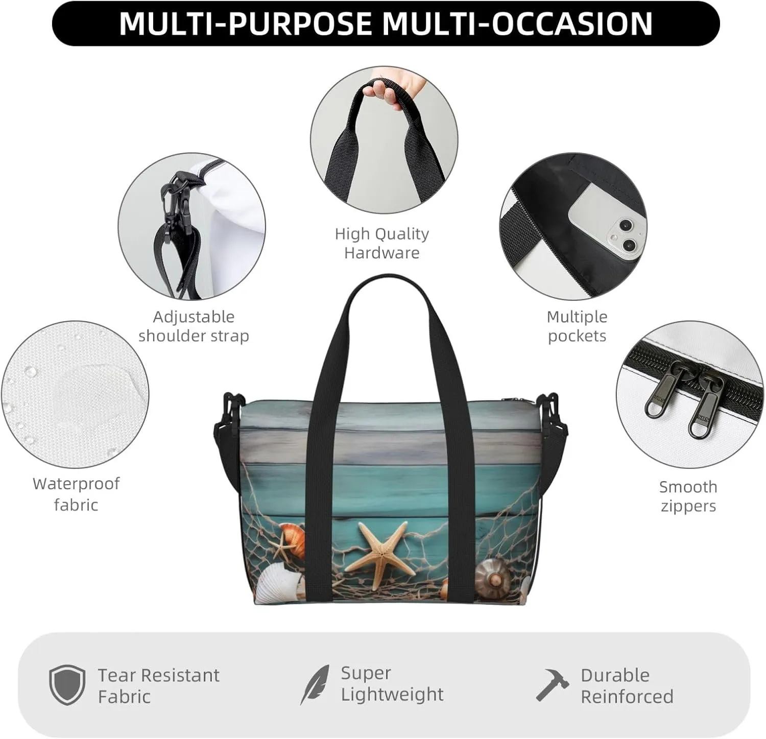 Fishing Net Starfish Travel Duffel Bags for Women Men, Sports Training Gym Bag Dance Bag with Adjustable Shoulder Strap Summer Seashells Weekender Overnight Bag