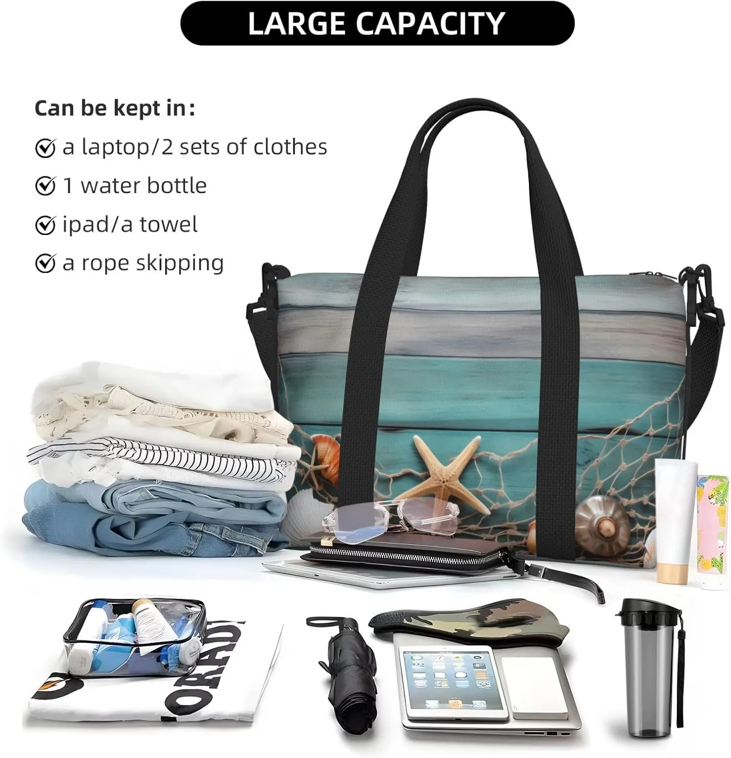 Fishing Net Starfish Travel Duffel Bags for Women Men, Sports Training Gym Bag Dance Bag with Adjustable Shoulder Strap Summer Seashells Weekender Overnight Bag