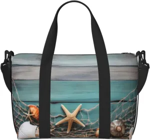 Fishing Net Starfish Travel Duffel Bags for Women Men, Sports Training Gym Bag Dance Bag with Adjustable Shoulder Strap Summer Seashells Weekender Overnight Bag
