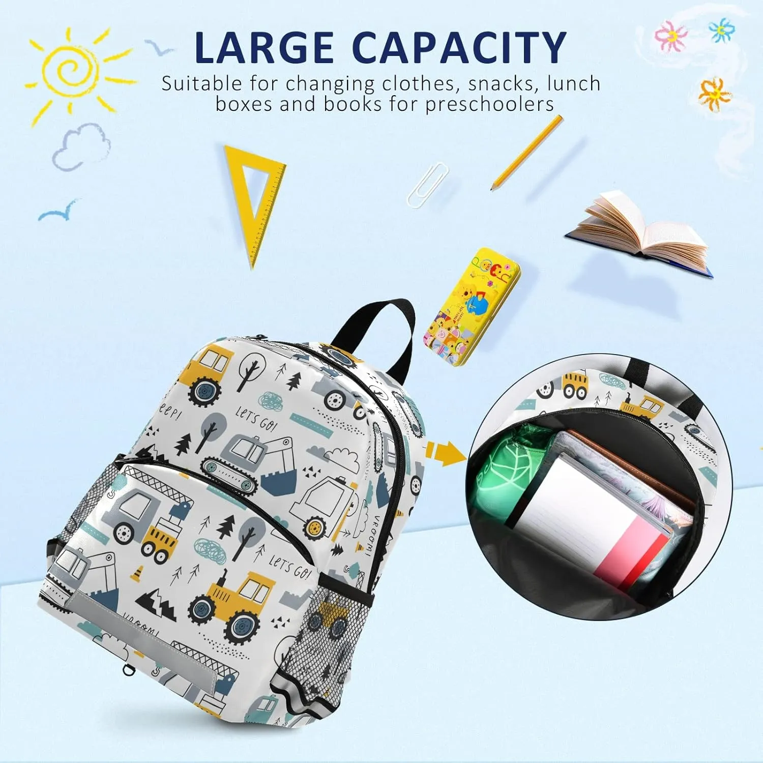 Fisyme Cute Truck Tractor Cars Backpack Schoolbag Kids Daypack Toddler Travel School Bag Small Mini Backpacks for Kindergarten Nursery Preschool Children Boys Girls with Chest Strap