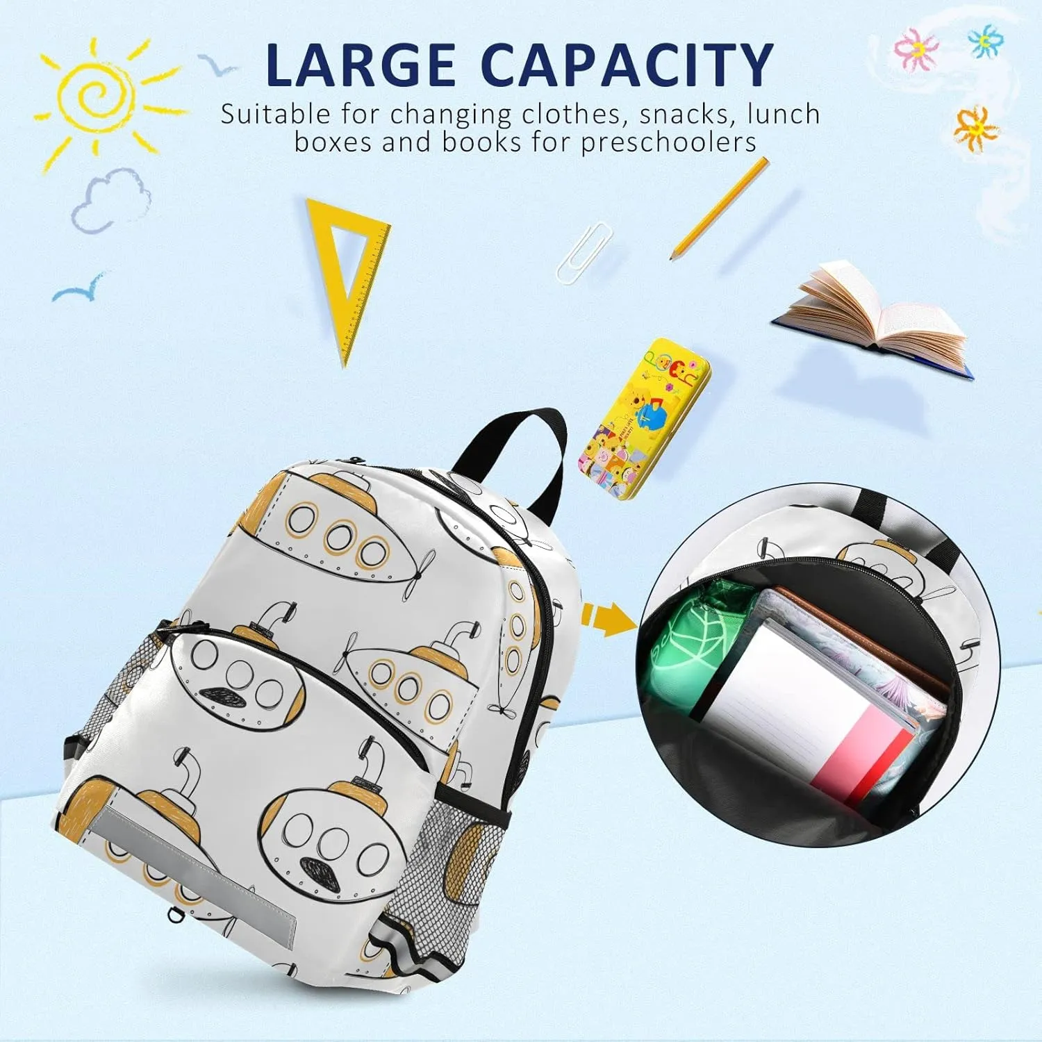 Fisyme Sea Submarines Ships Backpack Schoolbag Kids Daypack Toddler Travel School Bag Small Mini Backpacks for Kindergarten Preschool Nursery Children Boys Girls with Chest Strap