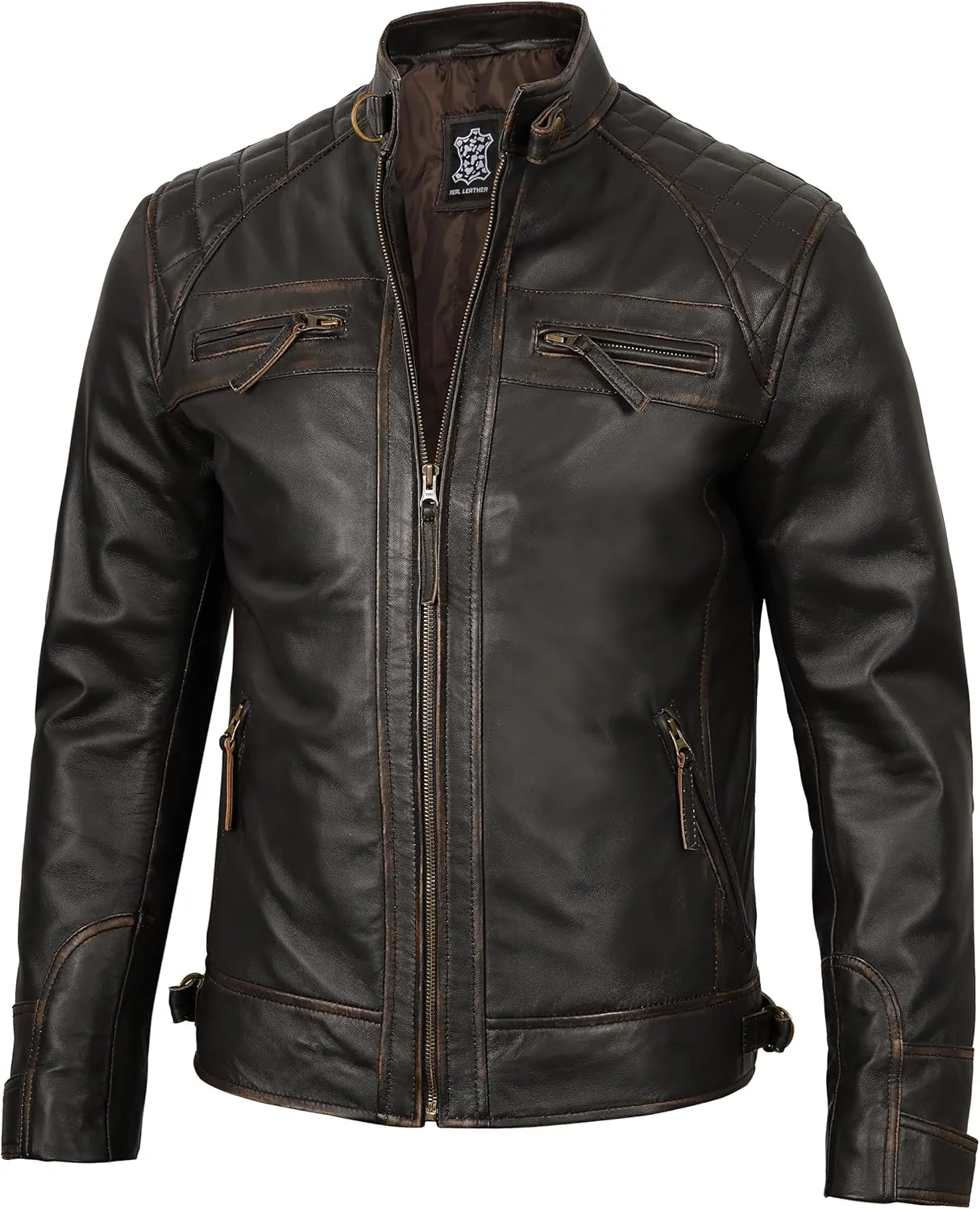 fjackets Real Lambskin Mens Leather Jackets - Quilted Cafe Racer Zip Up Moto Style Leather Jacket Men