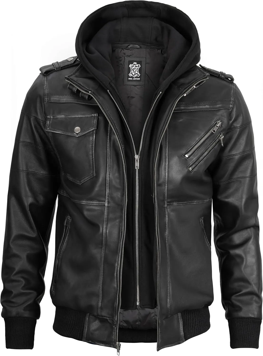 fjackets Real Leather Bomber Jacket - Motorcycle Casual Stand Collar Jackets with Removable Hood