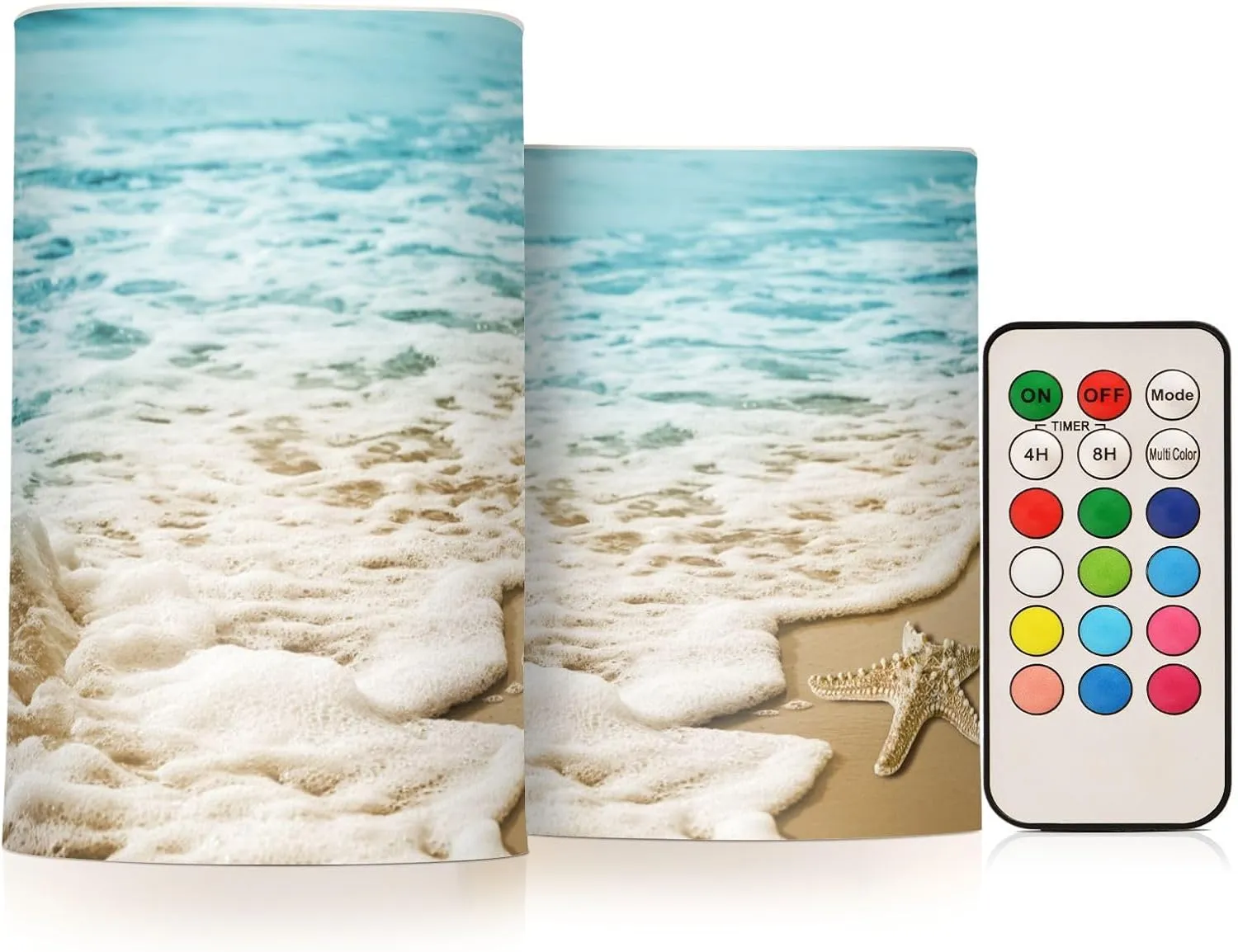 Flameless Candles with Remote and Timer Starfish Wave Sandy Battery Operated Candles Set of 2 Summer Beach Flickering Pillar Led Fake Candles for Halloween Christmas Wedding Decor