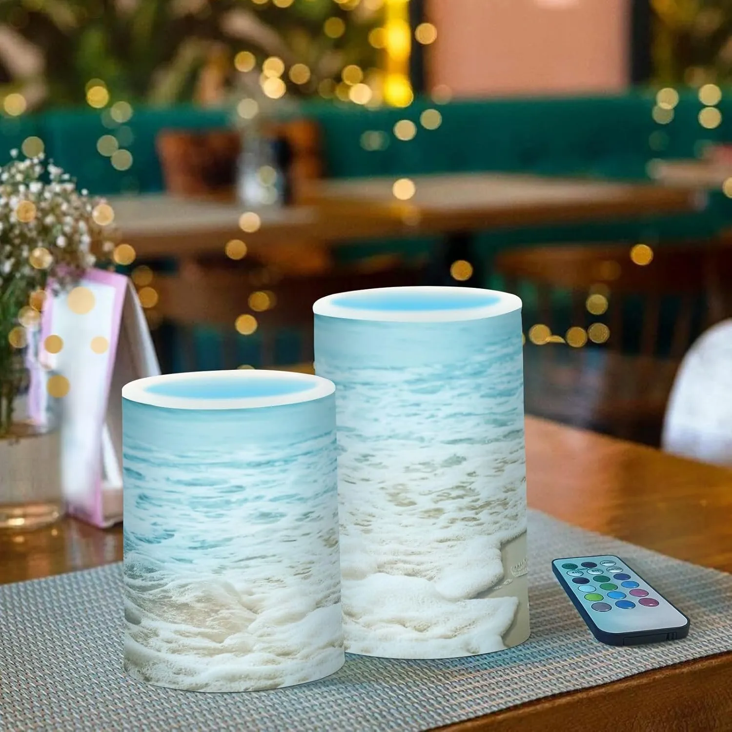 Flameless Candles with Remote and Timer Starfish Wave Sandy Battery Operated Candles Set of 2 Summer Beach Flickering Pillar Led Fake Candles for Halloween Christmas Wedding Decor