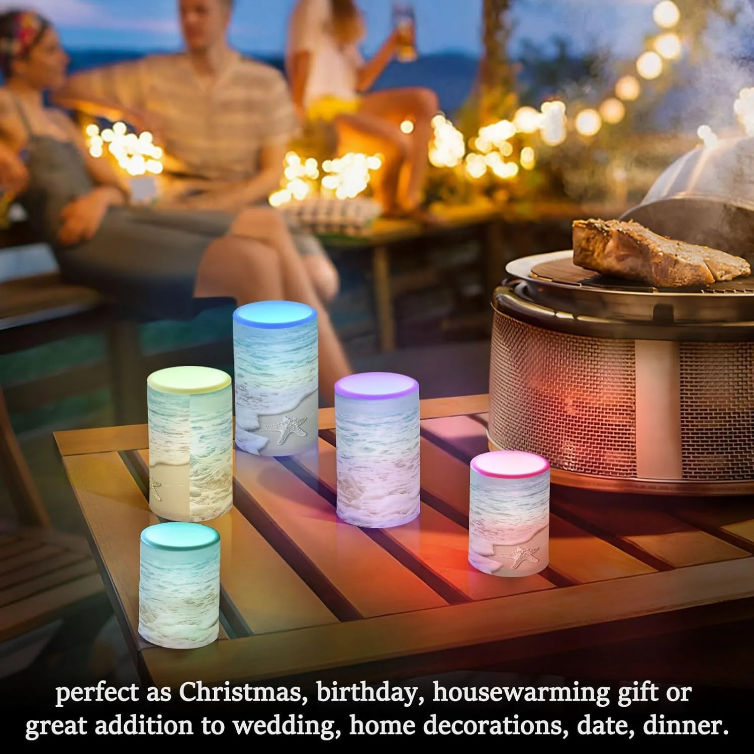Flameless Candles with Remote and Timer Starfish Wave Sandy Battery Operated Candles Set of 2 Summer Beach Flickering Pillar Led Fake Candles for Halloween Christmas Wedding Decor