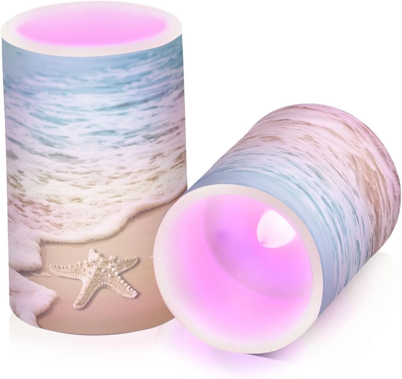 Flameless Candles with Remote and Timer Starfish Wave Sandy Battery Operated Candles Set of 2 Summer Beach Flickering Pillar Led Fake Candles for Halloween Christmas Wedding Decor