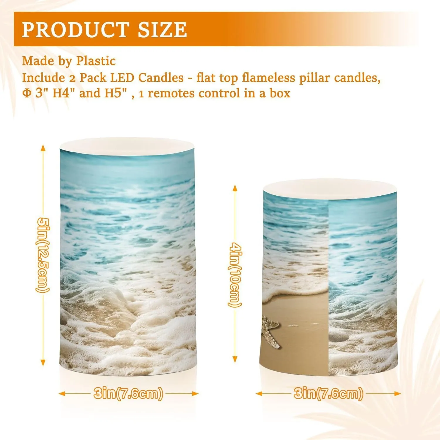 Flameless Candles with Remote and Timer Starfish Wave Sandy Battery Operated Candles Set of 2 Summer Beach Flickering Pillar Led Fake Candles for Halloween Christmas Wedding Decor